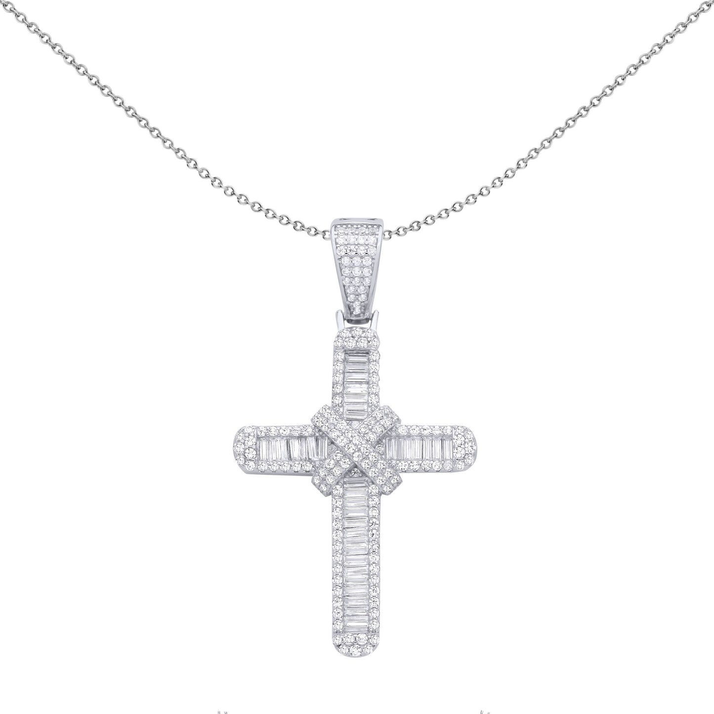 Silver  Baguette CZ Criss Cross Bandolier Cross Pendant Necklace - GVX102