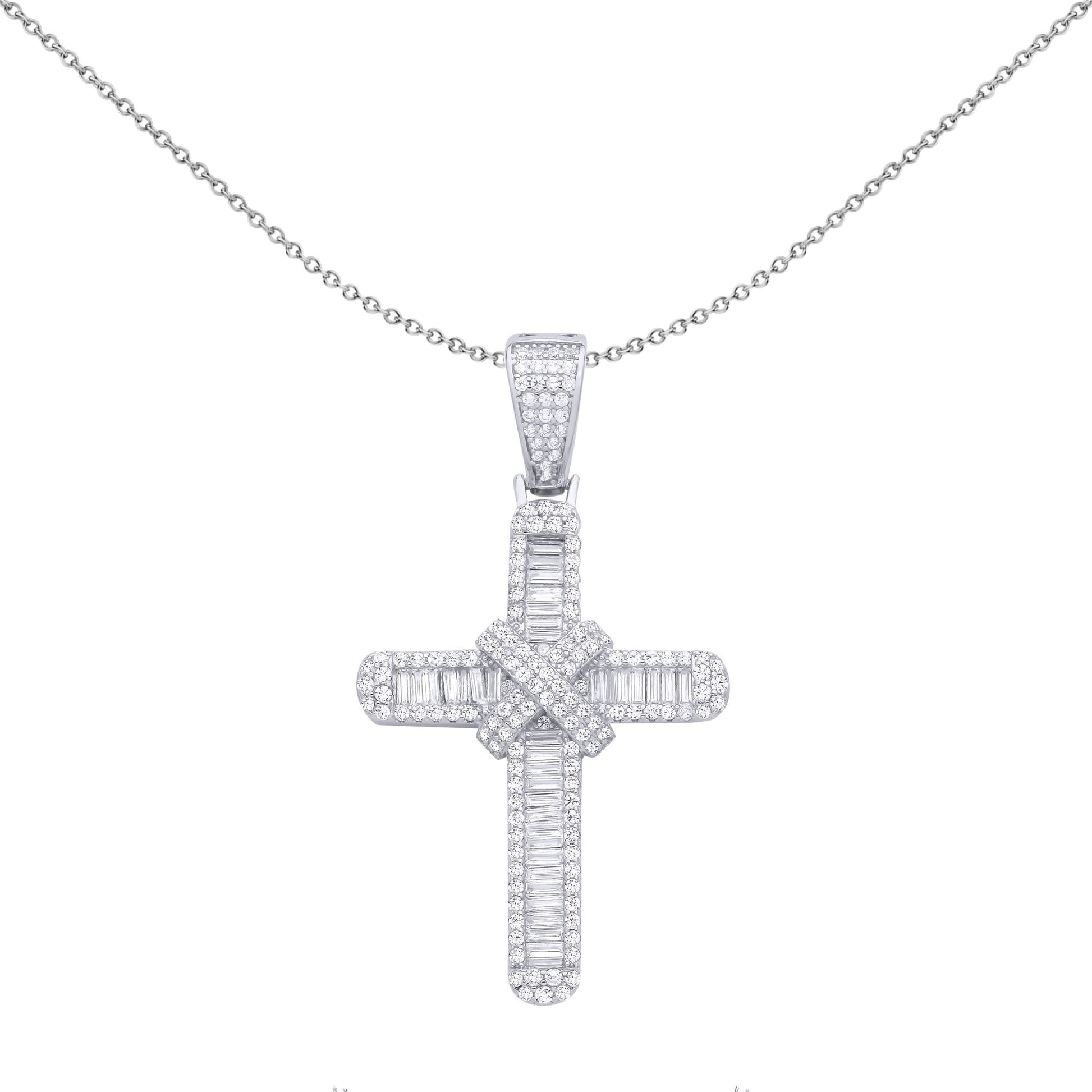 Silver  Baguette CZ Criss Cross Bandolier Cross Pendant Necklace - GVX102
