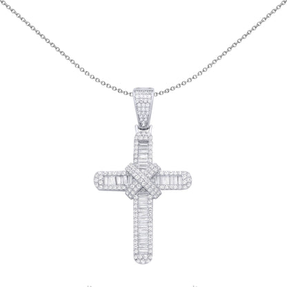 Silver  Baguette CZ Criss Cross Bandolier Cross Pendant Necklace - GVX102