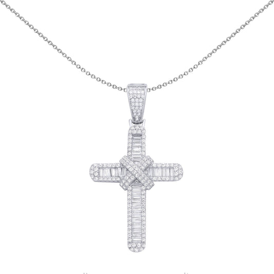 Silver  Baguette CZ Criss Cross Bandolier Cross Pendant Necklace - GVX102