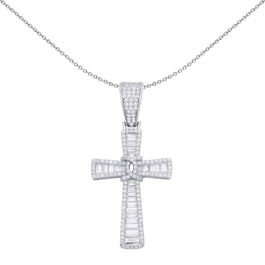 Silver Baguette CZ Paperclip Knot Sunburst Cross Pendant Necklace - GVX103