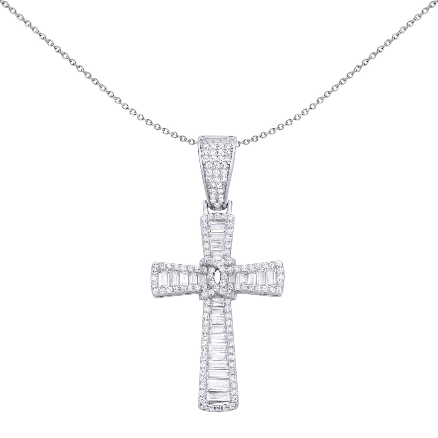 Silver  Baguette CZ Paperclip Knot Sunburst Cross Pendant Necklace - GVX103