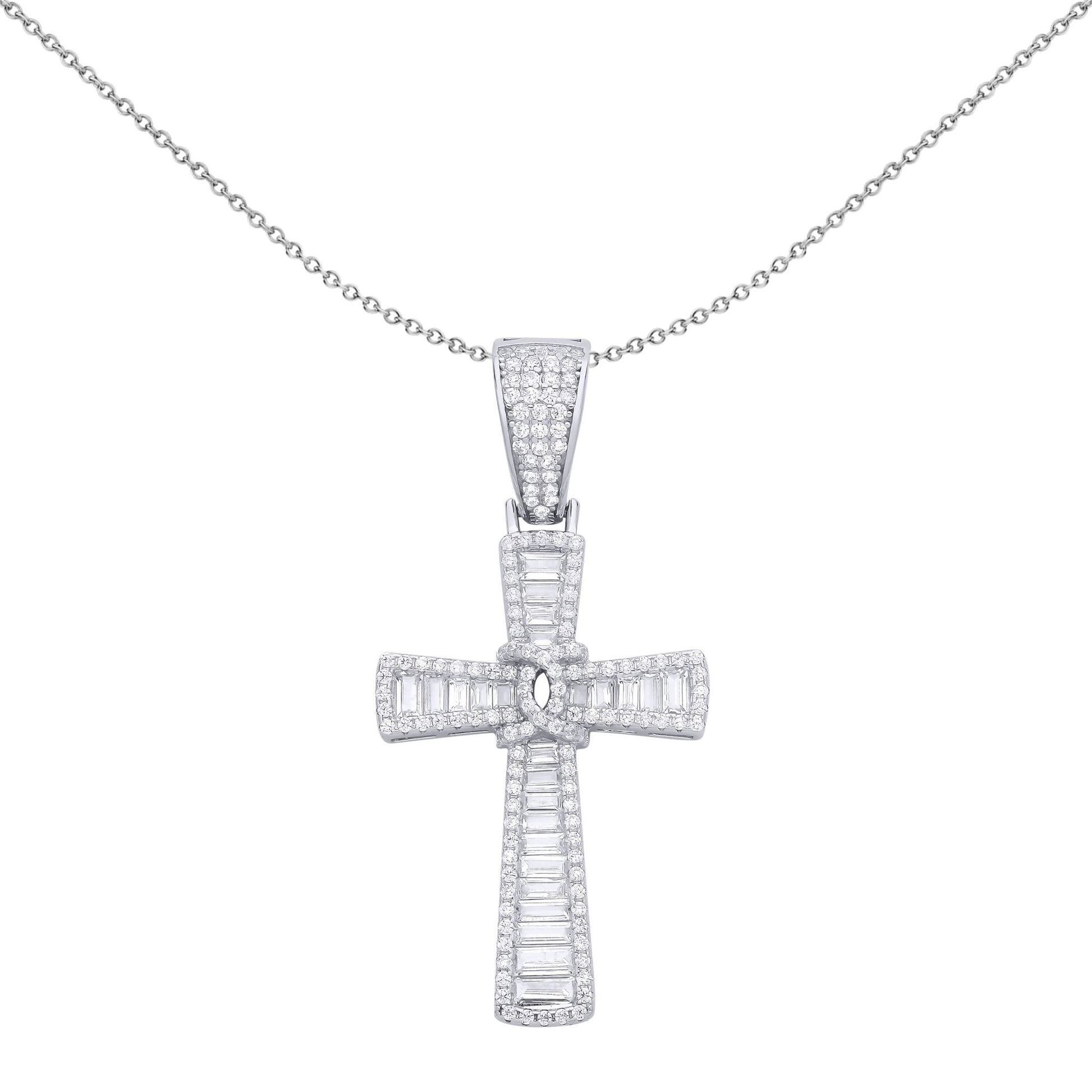 Silver  Baguette CZ Paperclip Knot Sunburst Cross Pendant Necklace - GVX103