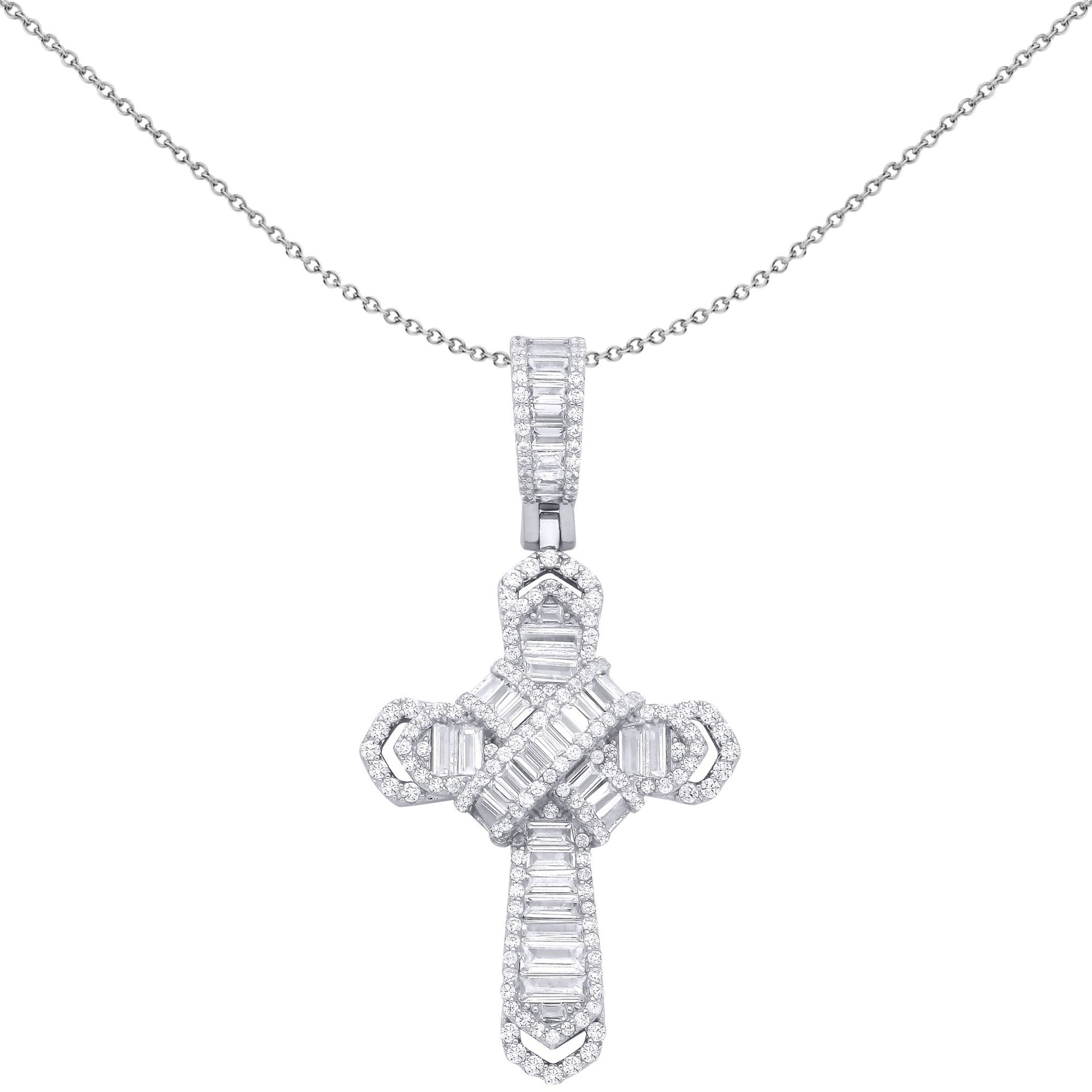 Silver  Baguette CZ Bandolier Chevron Cross Pendant Necklace - GVX104
