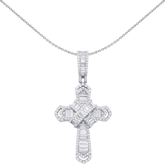 Silver Baguette CZ Bandolier Chevron Cross Pendant Necklace - GVX104
