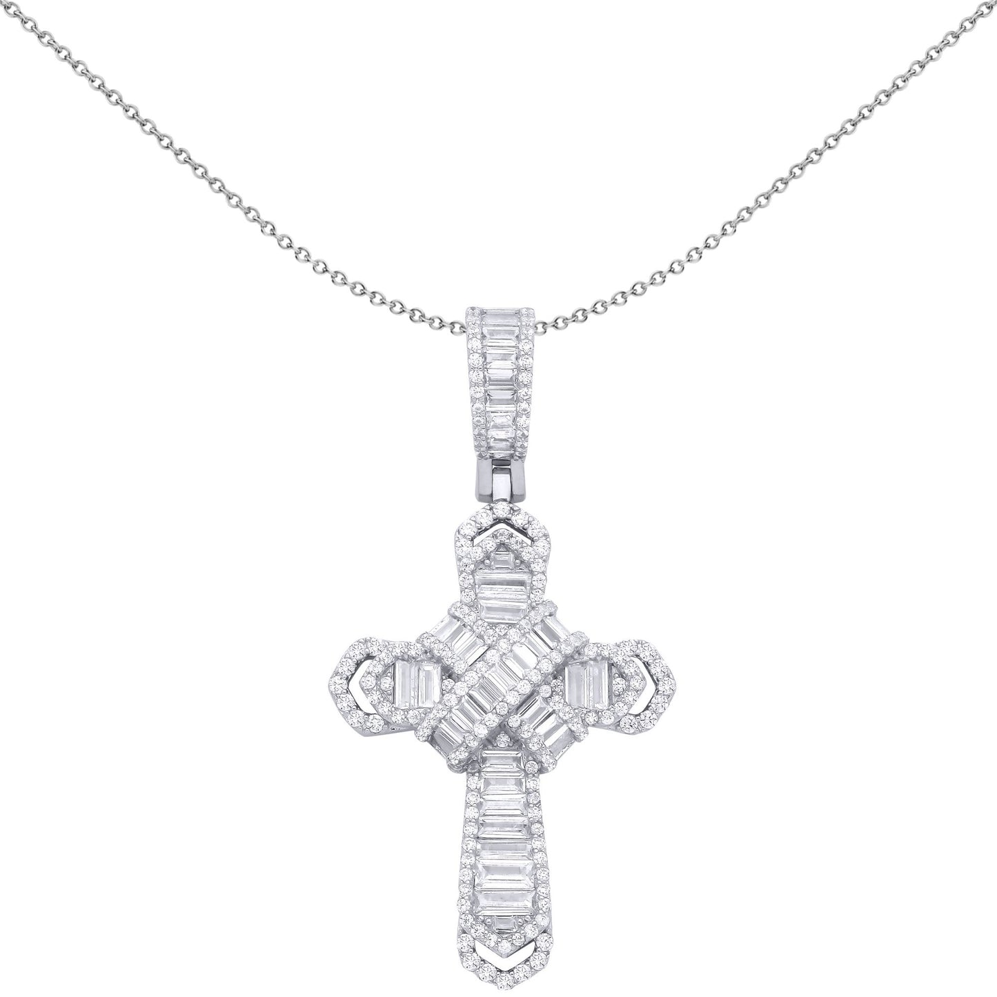 Silver  Baguette CZ Bandolier Chevron Cross Pendant Necklace - GVX104