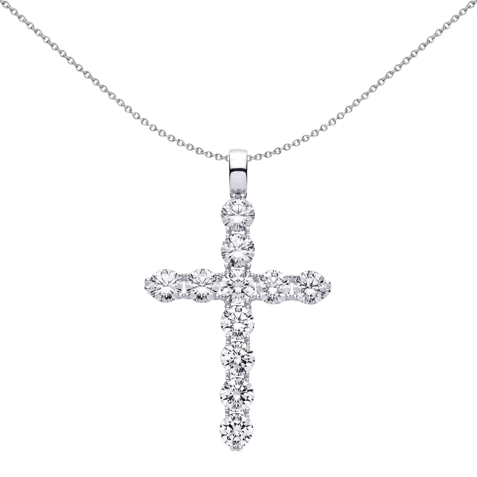 Unisex Silver  CZ 4 Claw Eternity Cluster Cross Pendant Necklace - GVX106