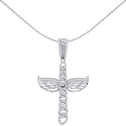 Silver  CZ Curb Link Fiery Angel Wings Cross Pendant Necklace - GVX107