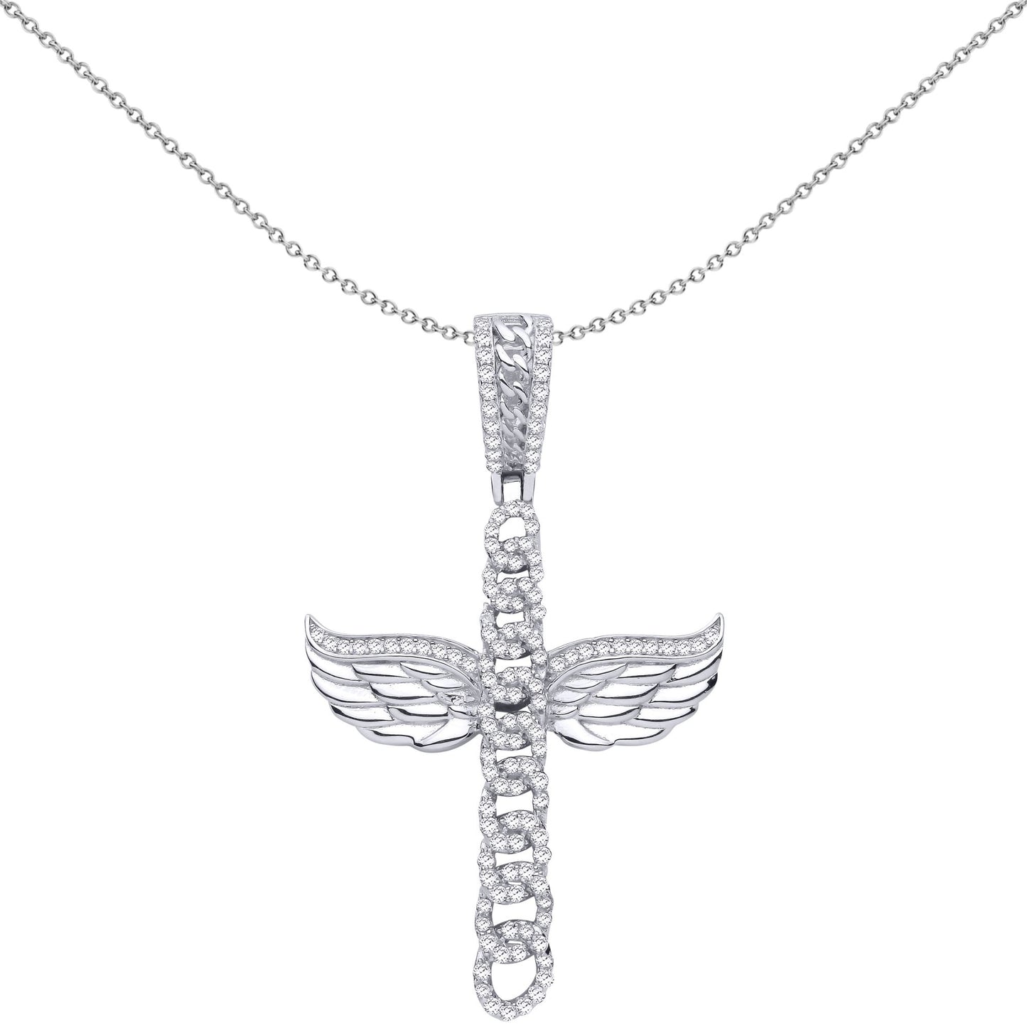 Silver  CZ Curb Link Fiery Angel Wings Cross Pendant Necklace - GVX107