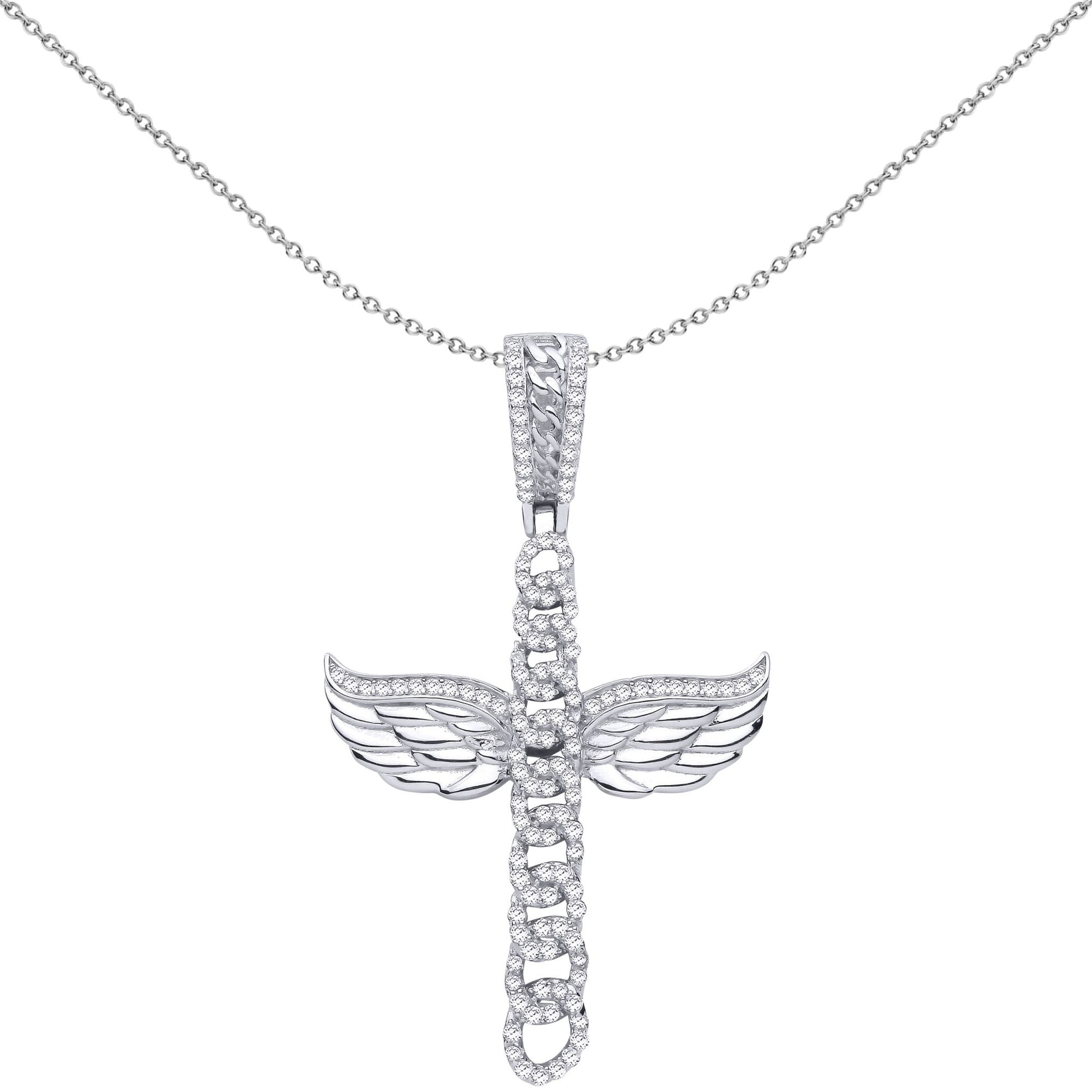 Silver  CZ Curb Link Fiery Angel Wings Cross Pendant Necklace - GVX107