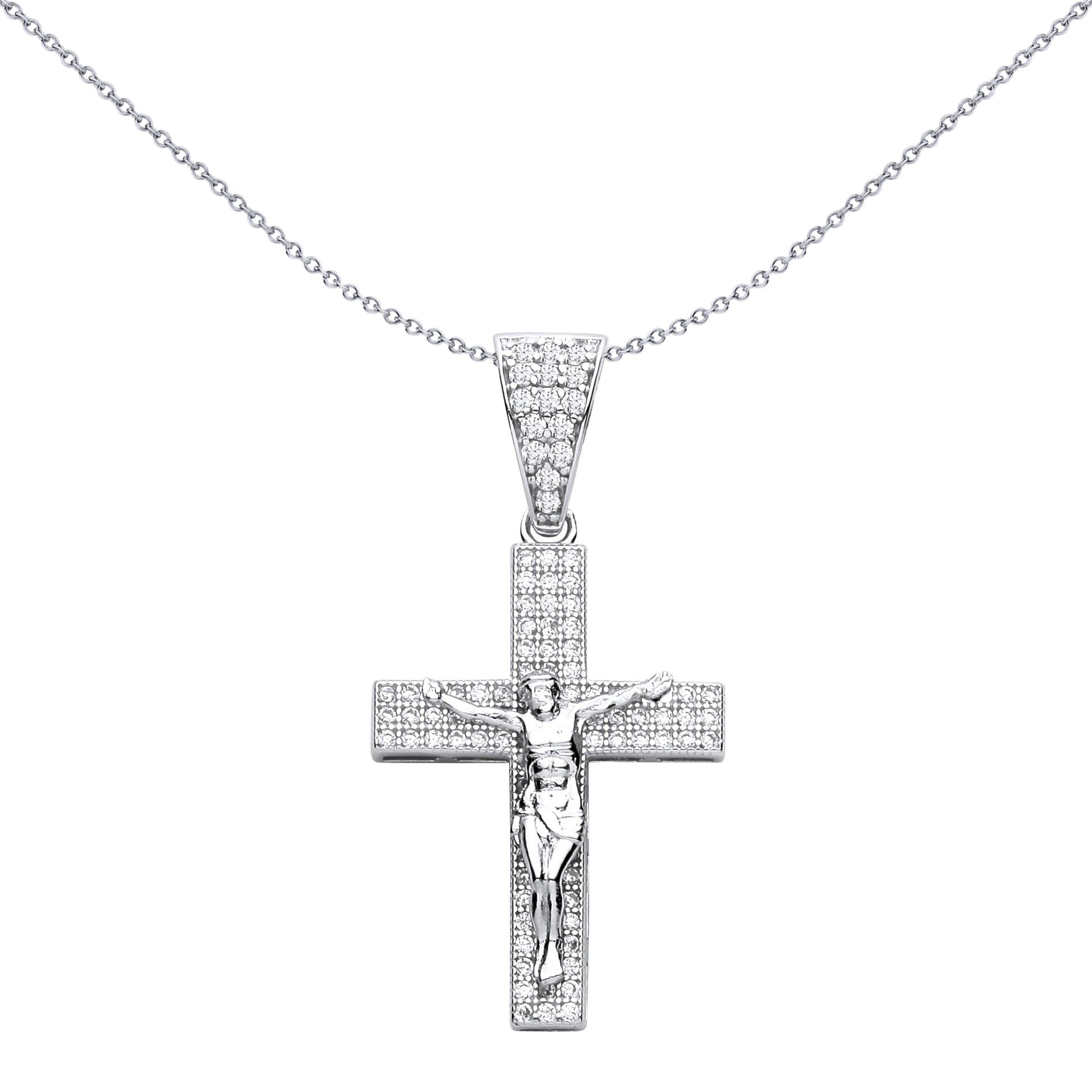 Silver  CZ Layered Pave Trilogy Row Crucifix Cross Pendant - GVX112