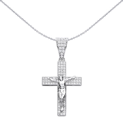 Silver  CZ Layered Pave Trilogy Row Crucifix Cross Pendant - GVX112
