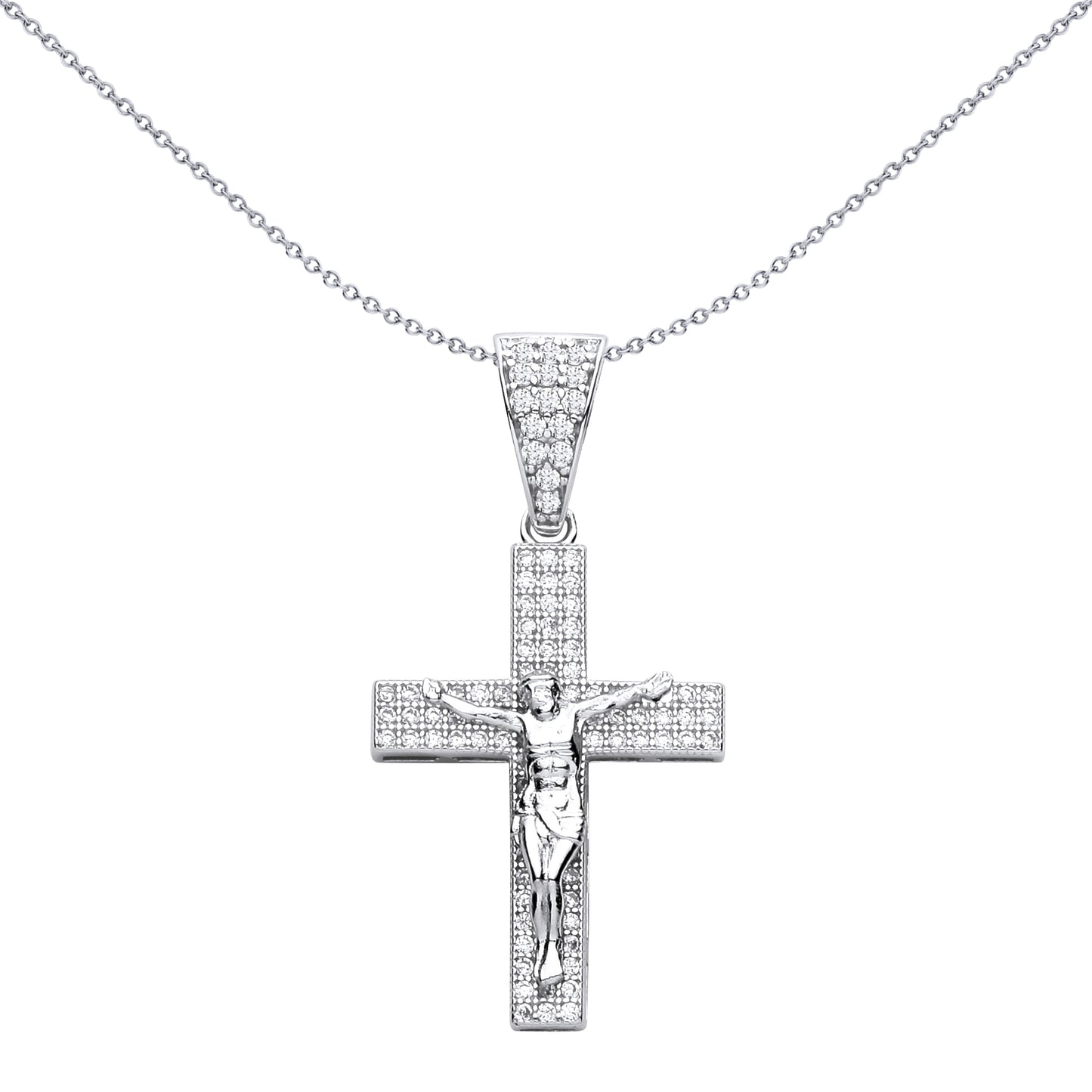 Silver  CZ Layered Pave Trilogy Row Crucifix Cross Pendant - GVX112