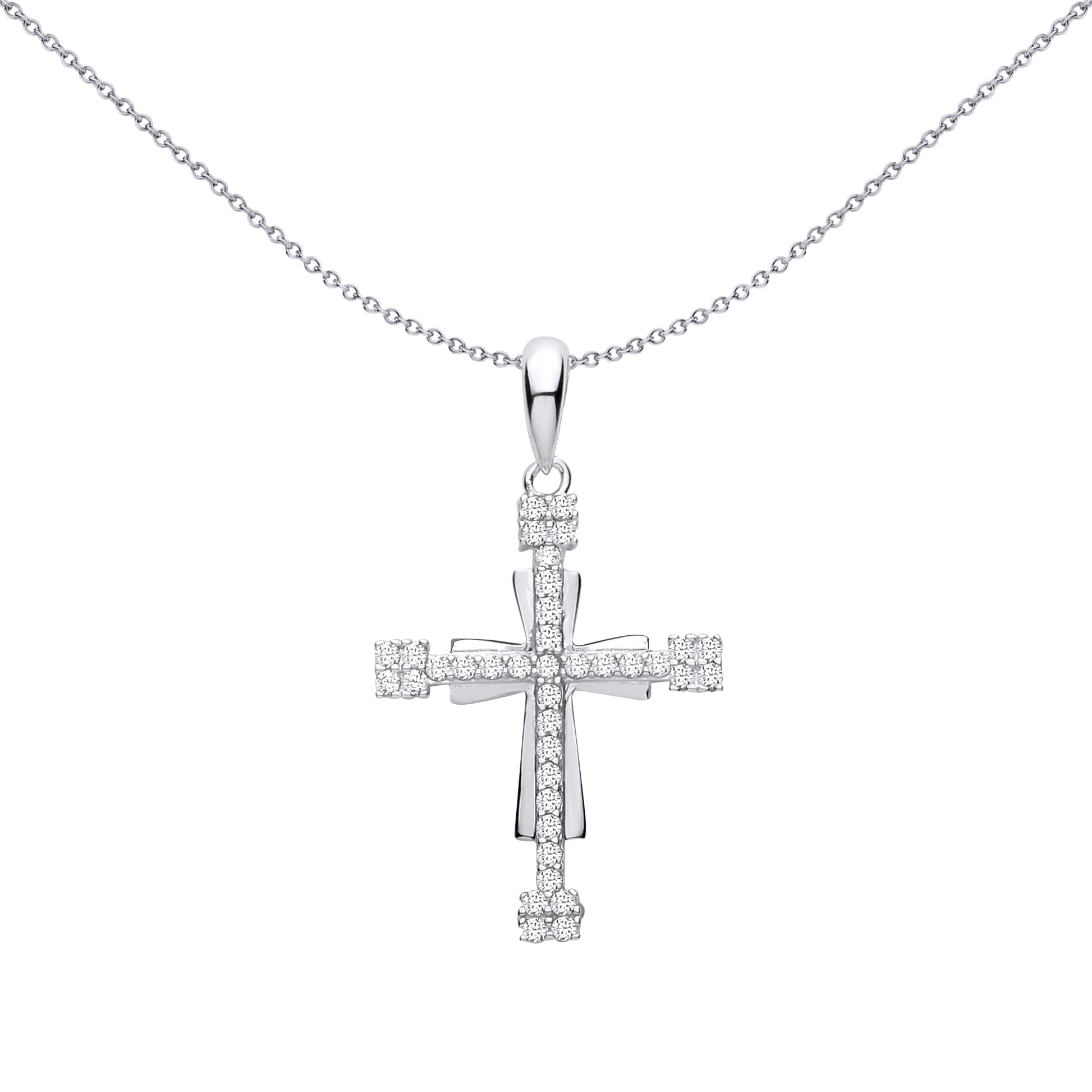 Silver  CZ Art Deco Boutonniere Templar Double Cross Pendant - GVX113