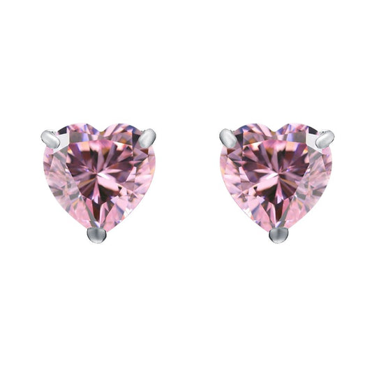 Silver  Pink Heart CZ Love Heart Stud Earrings 10mm 7.00cts - HT10P