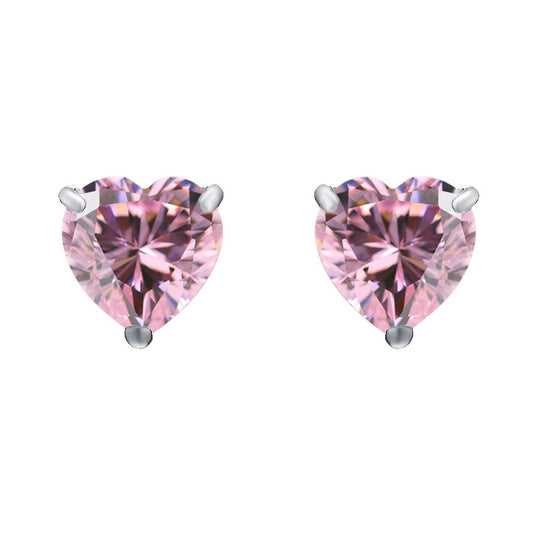 Silver  Pink Heart CZ Love Heart Stud Earrings 4mm 0.50cts - HT4P