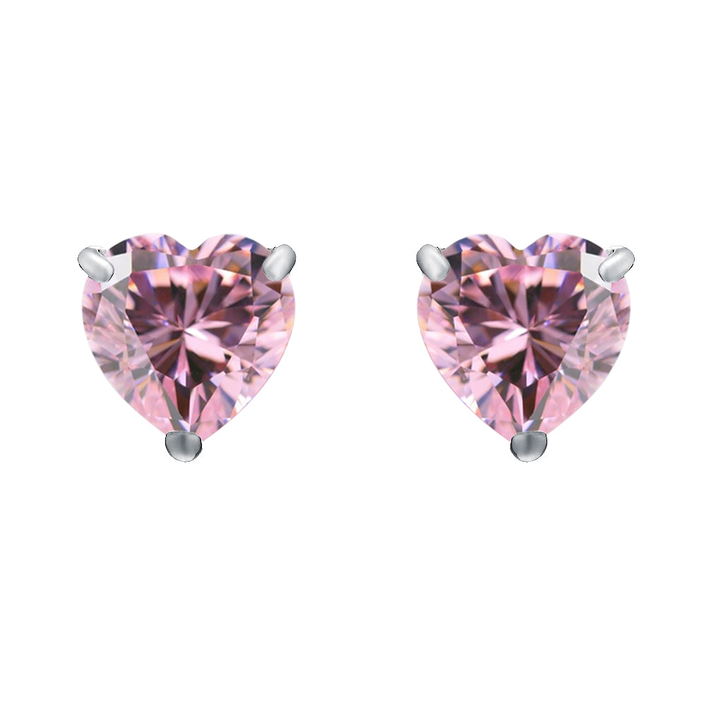 Silver  Pink Heart CZ Love Heart Solitaire Stud Earrings 4mm - HT4P