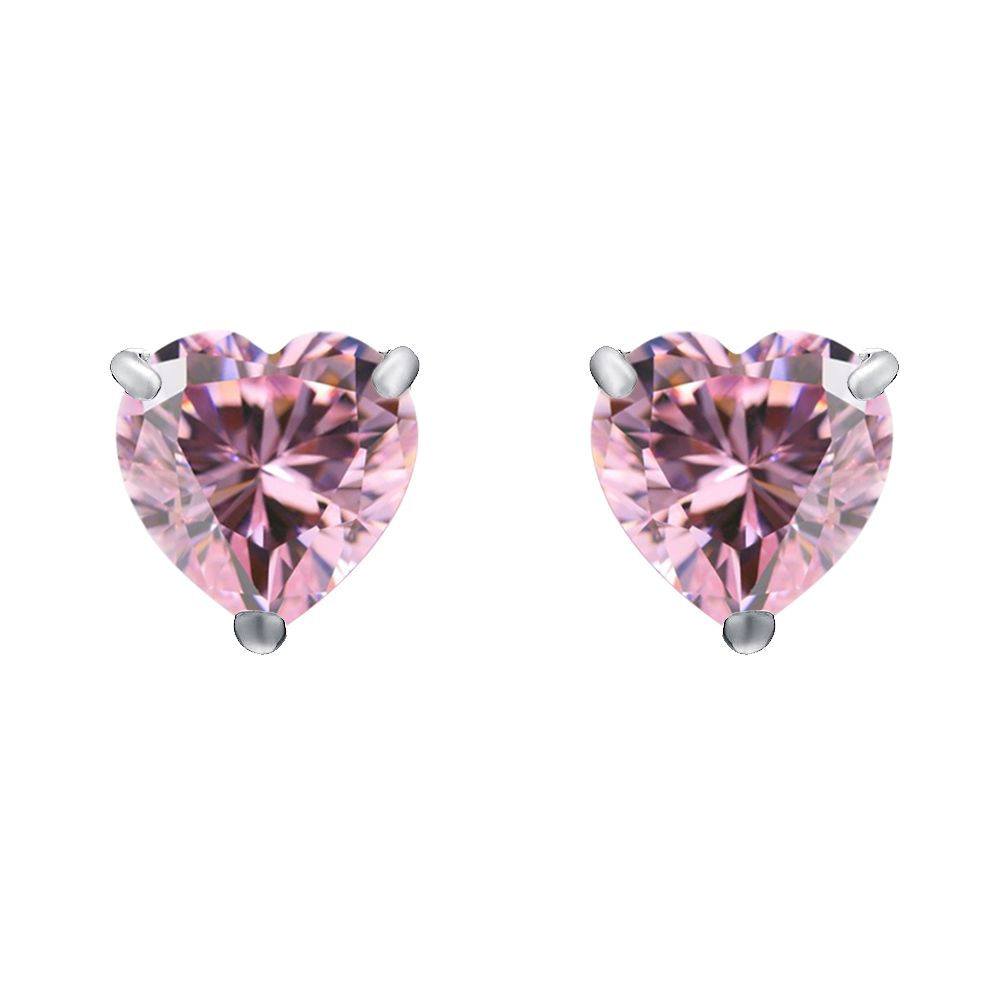 Silver  Pink Heart CZ Love Heart Stud Earrings 5mm 1.00ct - HT5P
