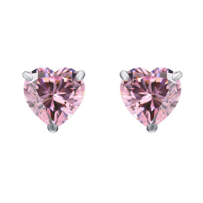 Silver  Pink Heart CZ Love Heart Stud Earrings 7mm 2.50cts - HT7P