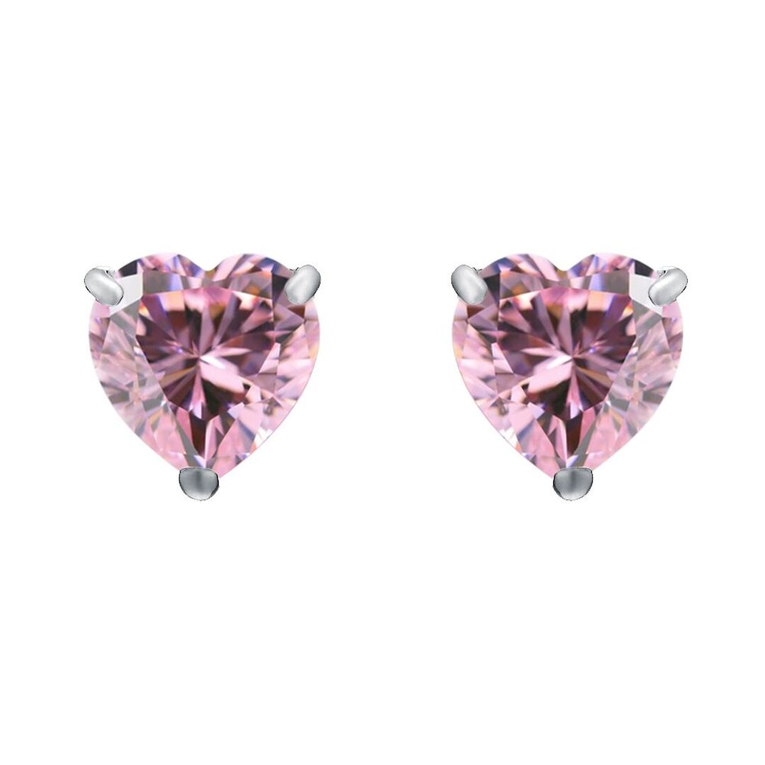 Silver  Pink Heart CZ Love Heart Stud Earrings 8mm 4.00cts - HT8P