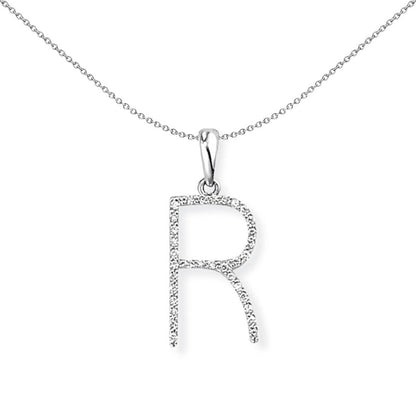 18ct White Gold  Diamond Initial Charm Pendant Letter R 8x20mm - INNR027-R