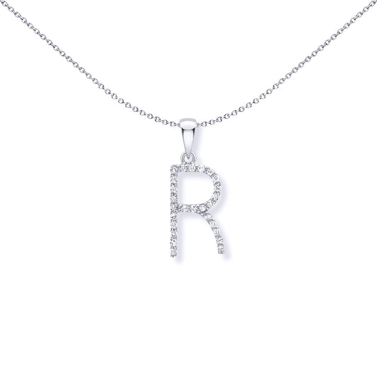 9ct White Gold  Diamond Initial Charm Pendant Letter R - INNR029-R