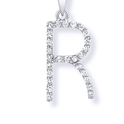 9ct White Gold  Diamond Initial Charm Pendant Letter R - INNR029-R