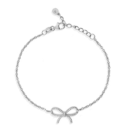 Sterling Silver  CZ Trace Link Pave Bow Charm Bracelet 7 + 1" - JACOBJB004