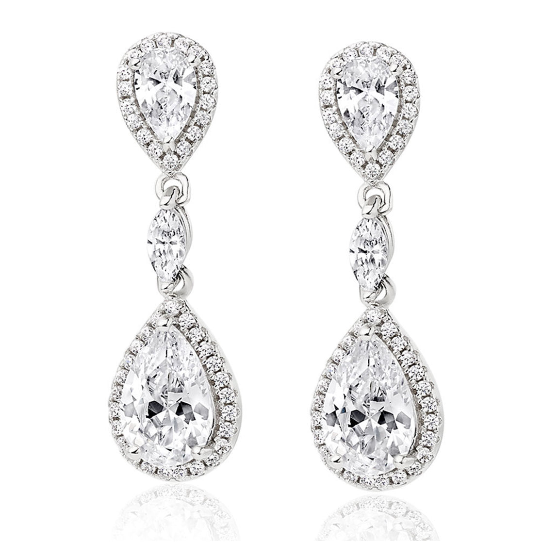 Sterling Silver  Pear CZ Halo Tears of Joy Drop Earrings 34mm - JACOBJE001