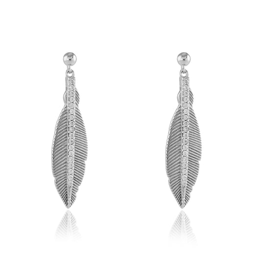 Sterling Silver  CZ Feather Leaf Drop Earrings 30mm - JACOBJE005