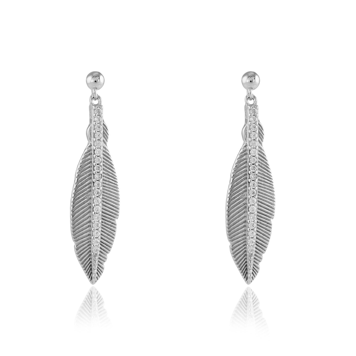 Sterling Silver  CZ Feather Leaf Drop Earrings 30mm - JACOBJE005