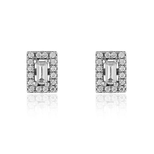 Silver  Emerald-cut CZ Square Halo Stud Earrings 6mm x 8mm - JACOBJE008