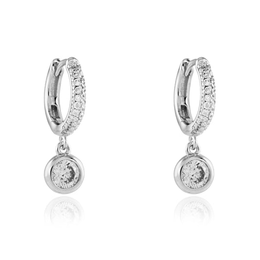 Silver  CZ Rubover set Solitaire Huggie Drop Earrings 10mm - JACOBJE010