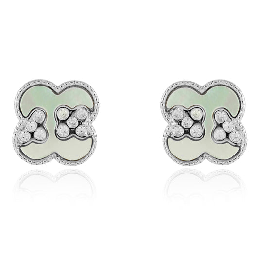 Silver  Mother of Pearl & CZ Clover Butterfly Stud Earrings 10mm - JACOBJE026