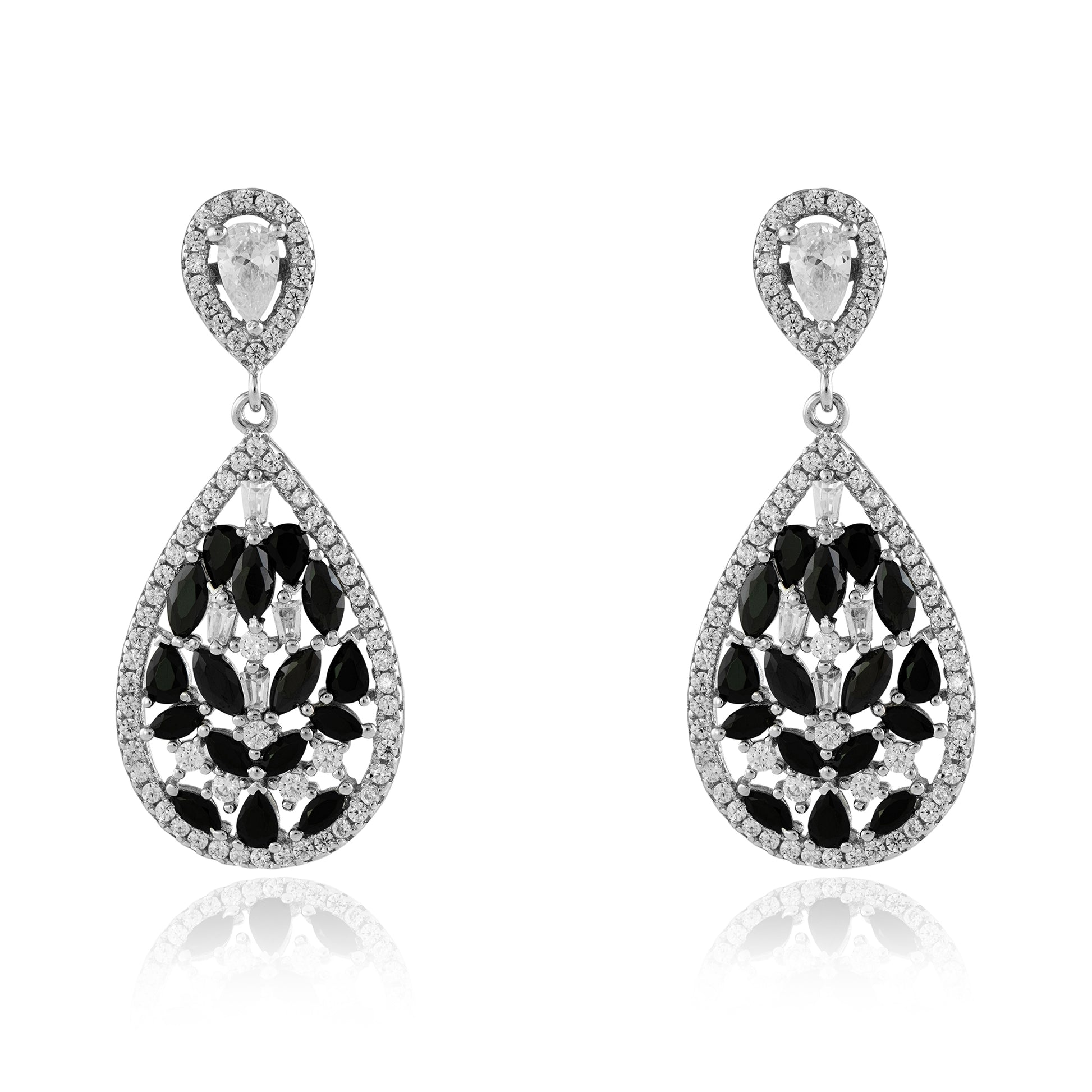 Silver  Black Pear Marquise Baguette CZ Tear Drop Earrings 33mm - JACOBJE028