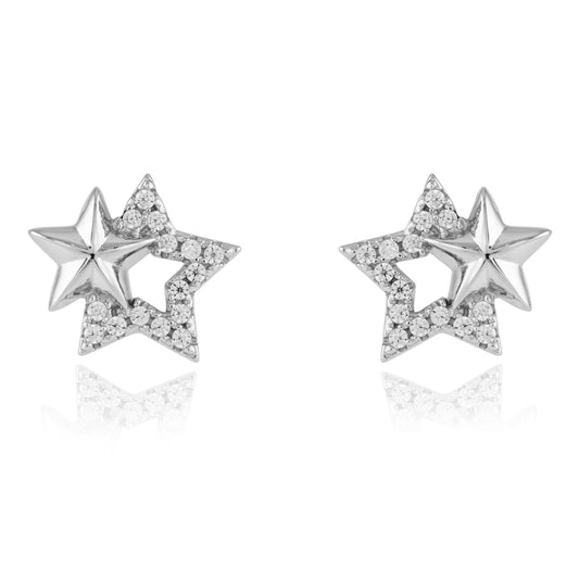 Sterling Silver  CZ Double Twinkle Star Stud Earrings 10mm - JACOBJE033