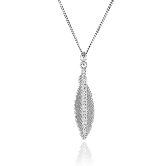Sterling Silver  CZ Feather Leaf Pendant Necklace 30mm 18" - JACOBJN003