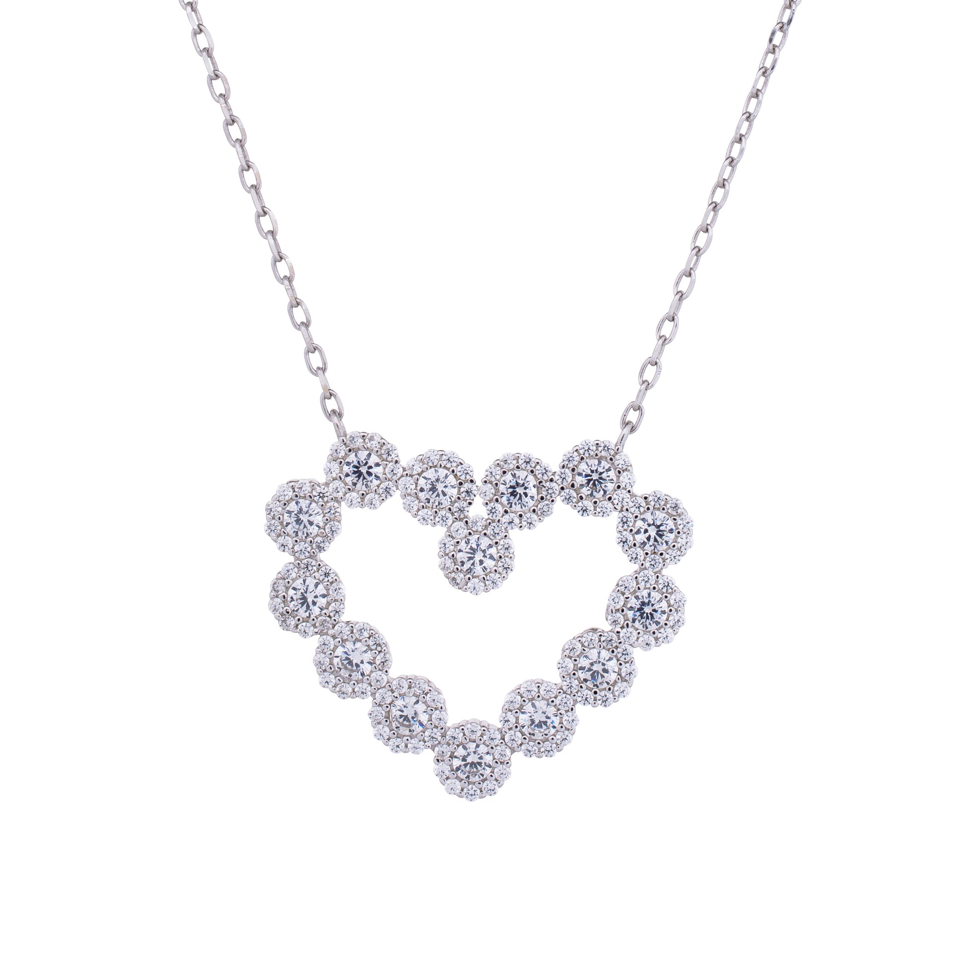 Silver  CZ Love Heart Halo Cluster Necklace 22mm x 25mm 15.5 + 2" - JACOBJN005