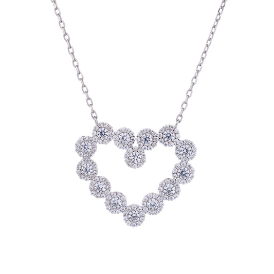 Silver CZ Love Heart Halo Cluster Necklace 22mm x 25mm 15.5 + 2" - JACOBJN005
