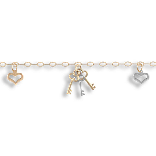 9ct 2-Colour Gold  Keys and Loves 2.2mm Charm Bracelet - JBB314