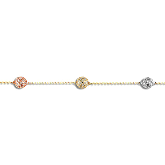 9ct 2-Colour Gold  CZ Caged 1.7mm & 8mm Bead Trace Chain Bracelet - JBB327