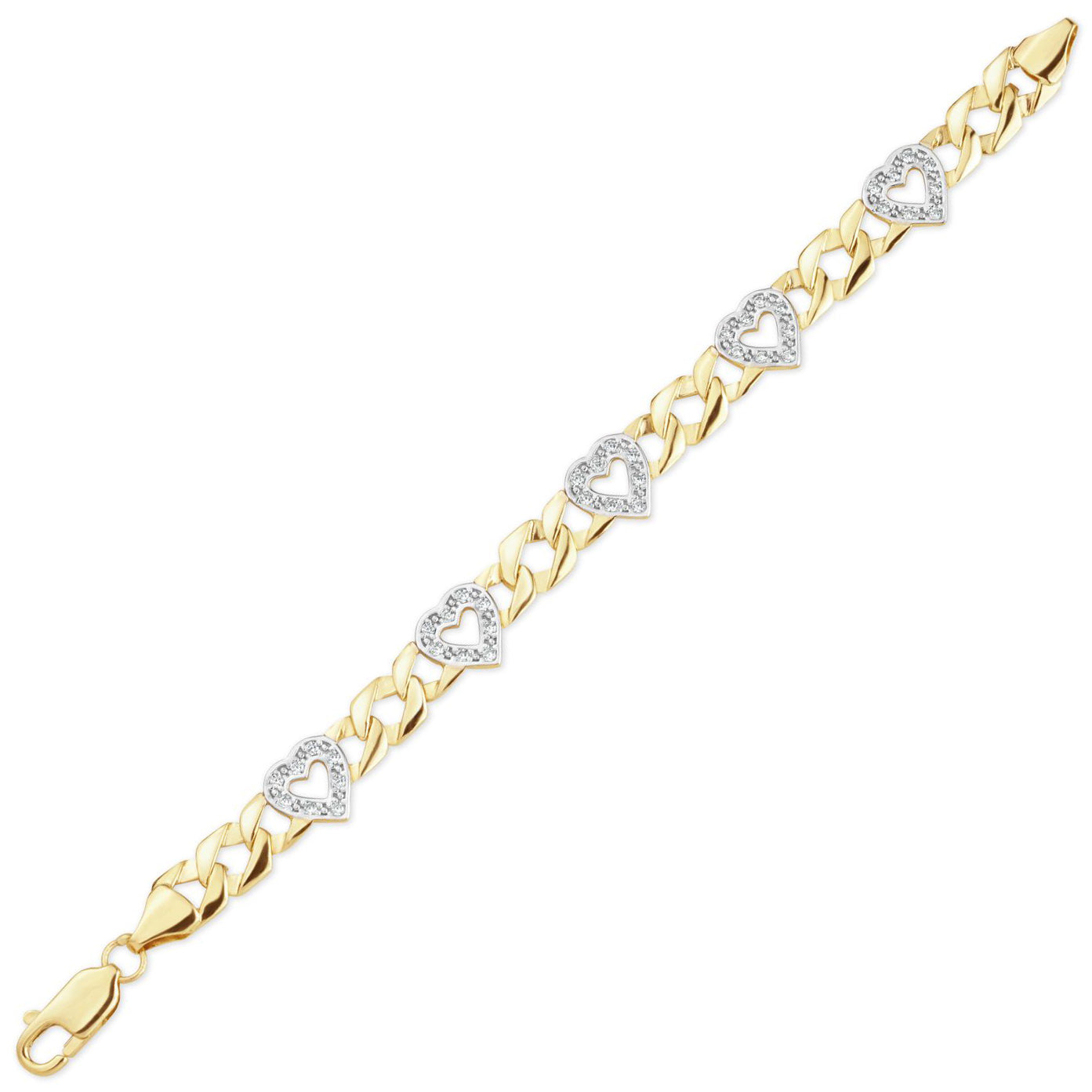 Kids 9ct Gold  CZ Love Hearts Cast Curb Chain Link Bracelet 6inch - JBB382