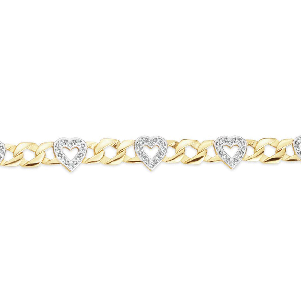 Kids 9ct Gold  CZ Love Hearts Cast Curb Chain Link Bracelet 6inch - JBB382