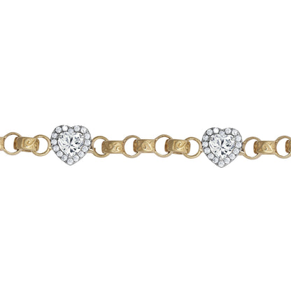 9ct Gold  CZ Love Heart Belcher 5/8mm Chain Link Bracelet 7.5inch - JBB399