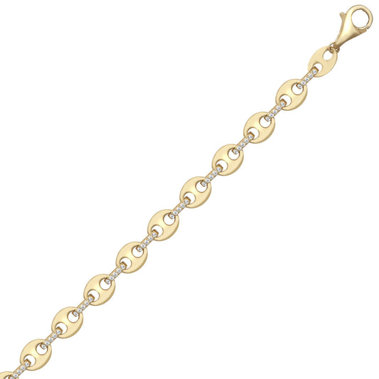 9ct Gold  CZ Coffee Bean Anchor 6mm Chain Link Bracelet 7.5inch - JBB403