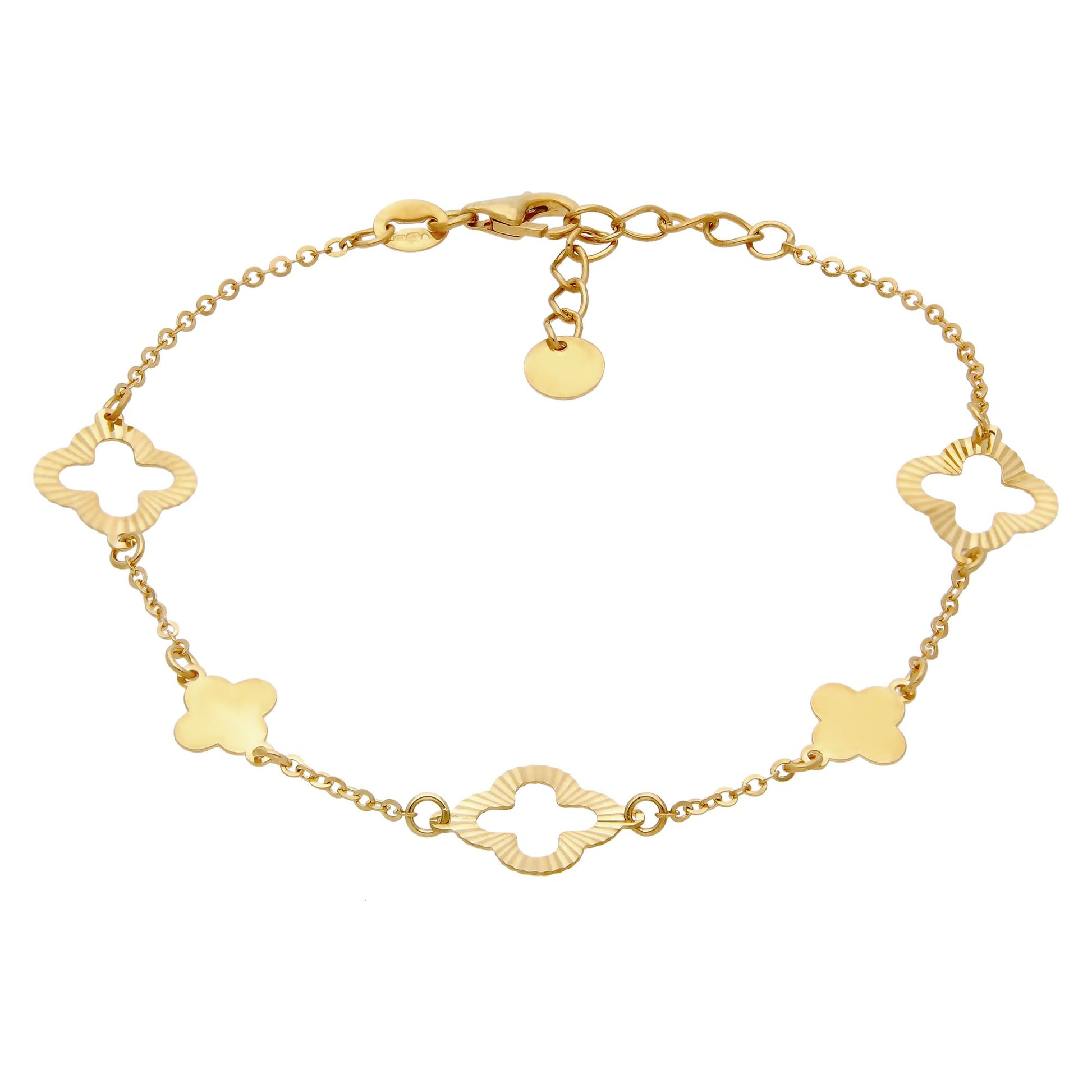 9ct Gold  Sunburst Clover 10mm Charm Bracelet, 6.5-7.5" 16.5-19cm - JBB451