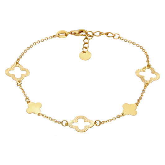 9ct Gold  Sunburst Clover 10mm Charm Bracelet, 6.5-7.5" 16.5-19cm - JBB451
