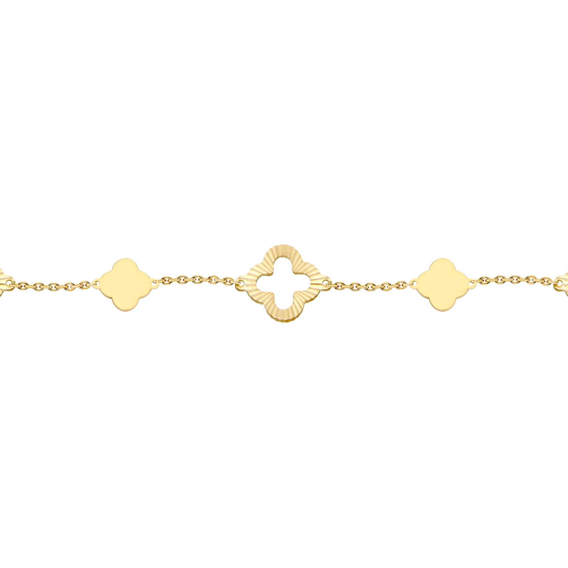 9ct Gold  Sunburst Clover 10mm Charm Bracelet, 6.5-7.5" 16.5-19cm - JBB451