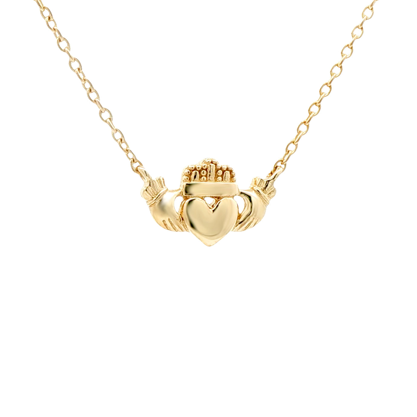 9ct Gold  Hands Holding Crowned Heart Claddagh Charm Necklace 18" - JBB462
