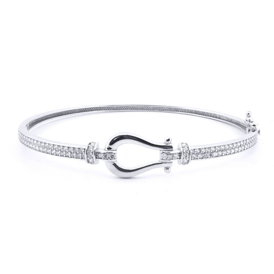 9ct White Gold CZ Noose Hook Loop Stirrup 3mm Bangle Bracelet - JBG351